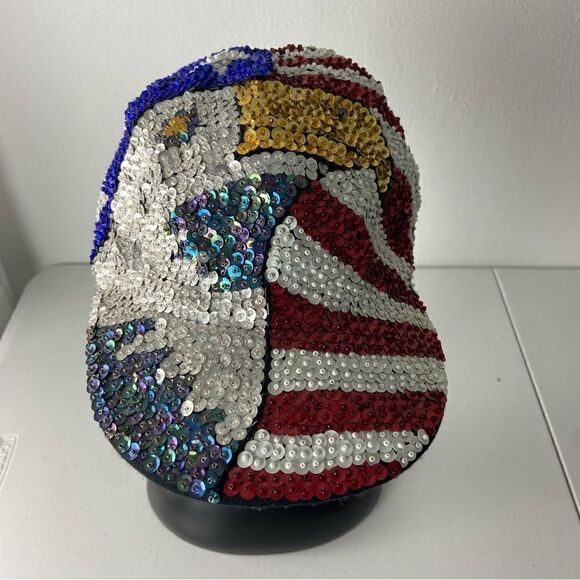 American Flag All Over Sequined Ball Cap Eagle Stripes Stars Patriotic USA OS - Picture 10 of 14